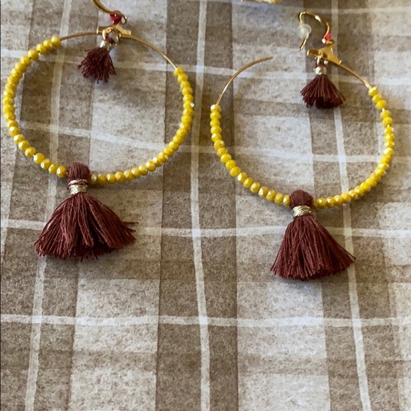 Earrings; Yellow Beaded Hoop; Tassel;  Pierced - Picture 3 of 7